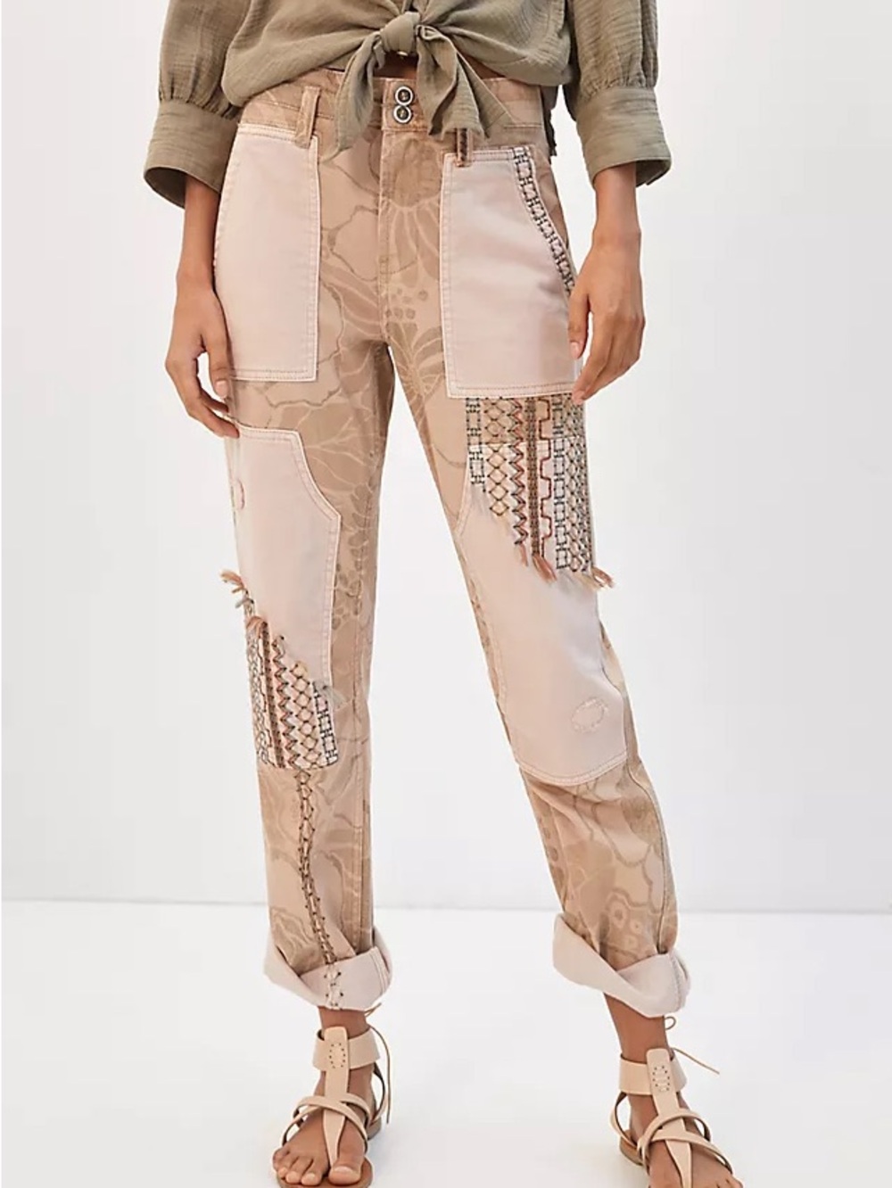 Pilcro Patchwork Utility Pants in Taupe and Blush